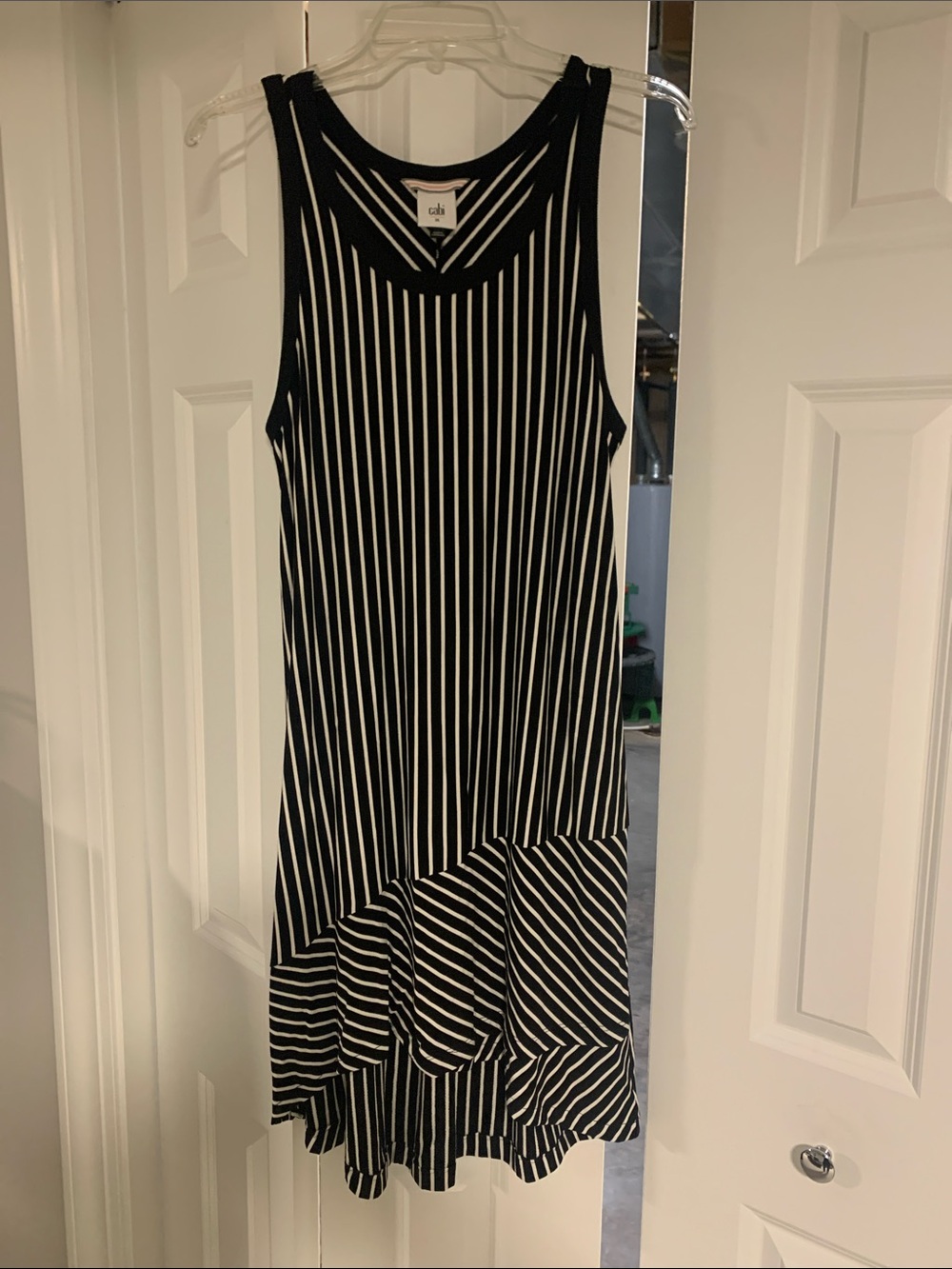 CAbi Black & White Striped High-Low Sleeveless Dress